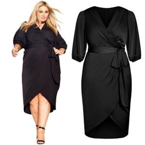 New! City Chic Opulent Faux Wrap Elbow Sleeve Black Midi Dress